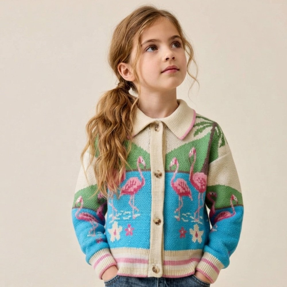 NX765: Girls Flamingo Printed Knitted Cardigan (3-12 years) NX765: Girls Flamingo Printed Knitted Cardigan (3-12 years)
